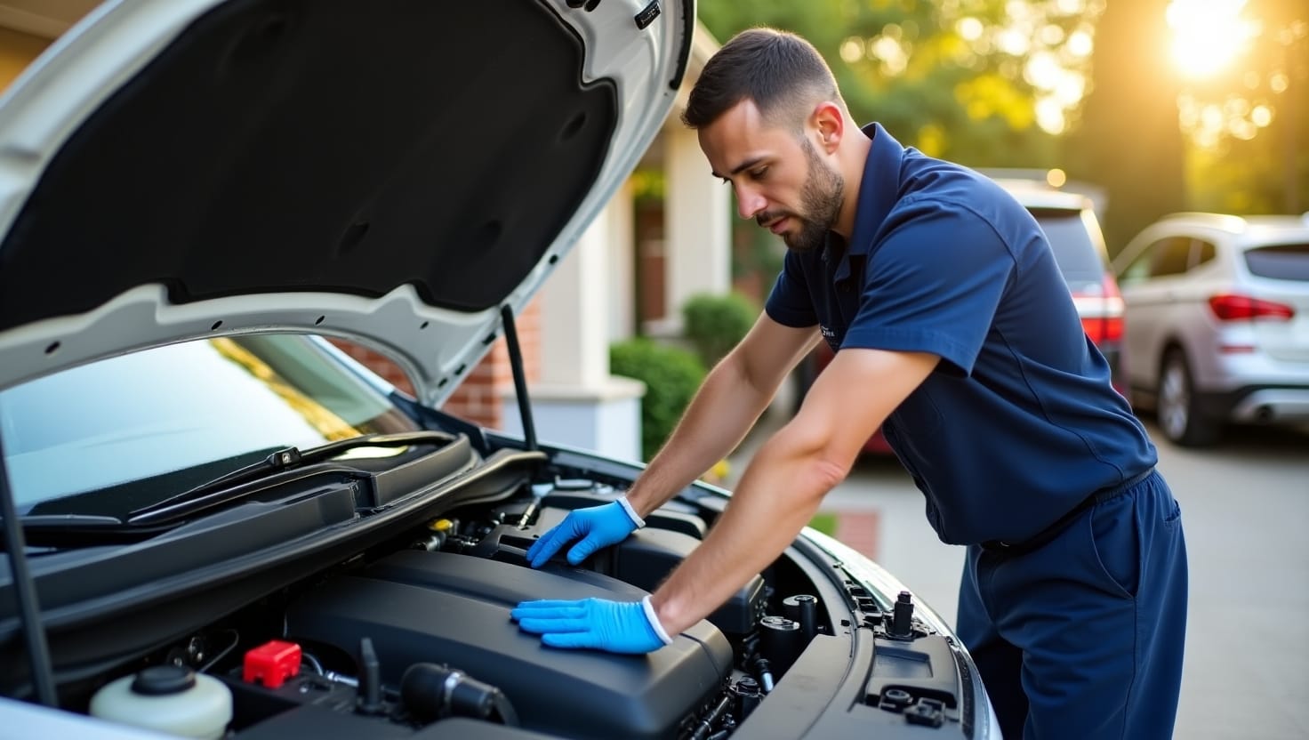 A certified mobile mechanic in Marietta, GA performing a vehicle inspection on a used car in a residential driveway. Daylight setting, tools visible, mechanic in uniform with gloves, examining under the hood of a sedan.